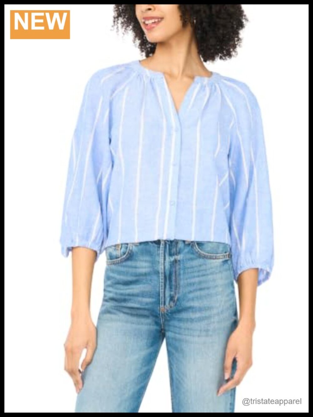 Vince Camuto Striped 3/4 Raglan Sleeve Button Down Blouse
